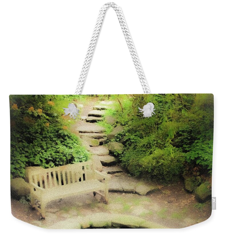 Pond Water Bench Stone Steps Fog Weekender Tote Bag featuring the photograph Hazy Pond by John Linnemeyer
