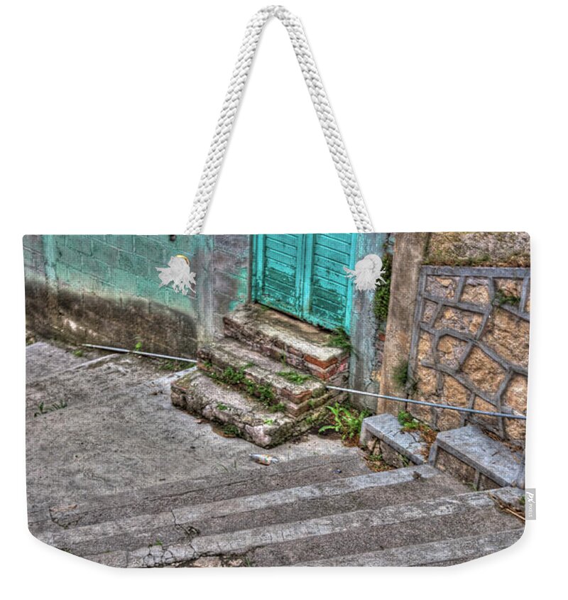 Mexico Weekender Tote Bag featuring the photograph HDR Mexican Stair Case Leading to Bright Blue Door by Matthew Bamberg