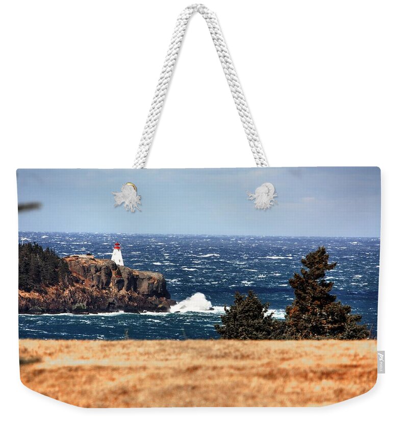 Boars Head Lighthouse The Bay Of Fundy Storm Gale Sea Ocean Waves Rocks Windy Waves Rough Petit Passage Ferry Weekender Tote Bag featuring the photograph Head Land by David Matthews