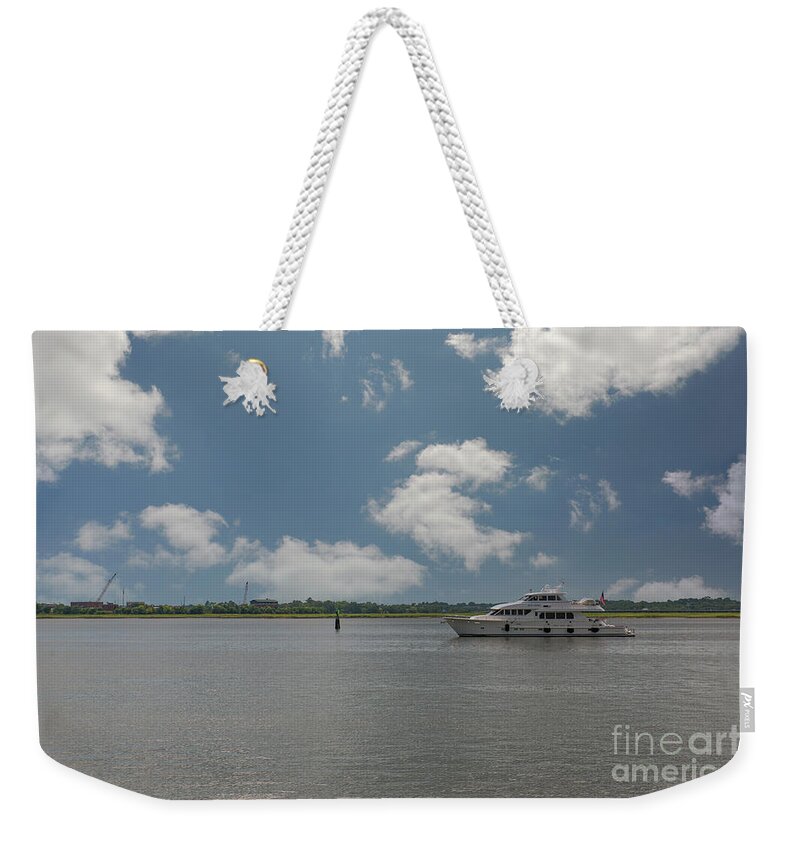 Blue Ridge Weekender Tote Bag featuring the photograph Heading out of Charleston - Luxury Yacht by Dale Powell