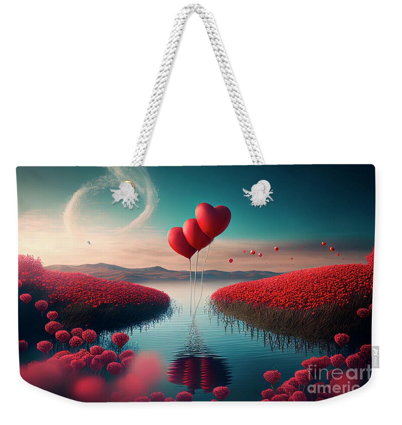 Heart Weekender Tote Bag featuring the digital art Heart shape balloons flying above red field of flowers. Valentin by Jelena Jovanovic