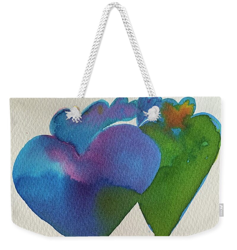 Vibrant Weekender Tote Bag featuring the painting Hearts Loving Our Differences by Sandy Rakowitz