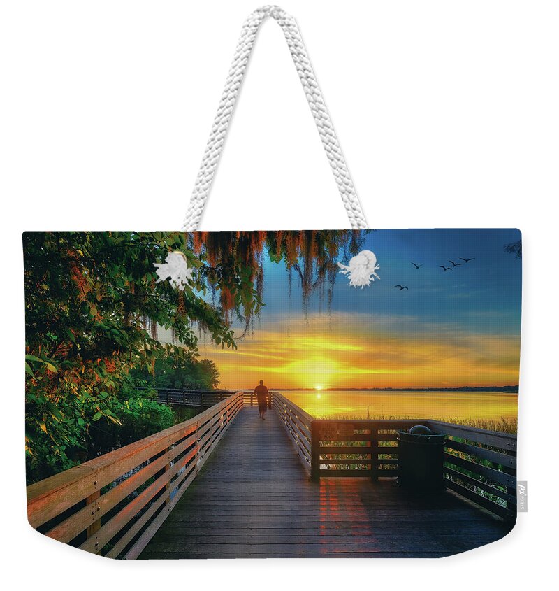 Florida Weekender Tote Bag featuring the photograph Heavenly Palm Island Boardwalk at Sunset Mount Dora Florida by Kim Seng