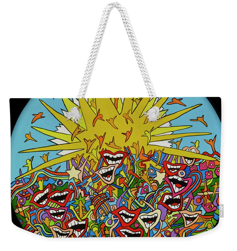Sunshine Happy Faces Summer Weekender Tote Bag featuring the painting Hello Sunshine by Mike Stanko