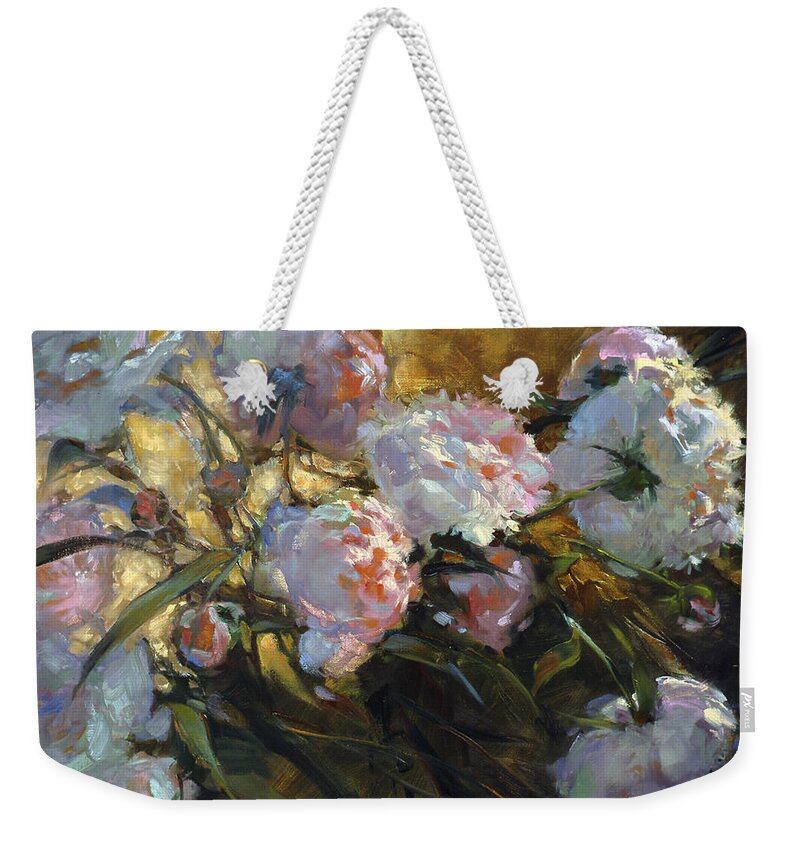 Peonies Weekender Tote Bag featuring the painting Her Favorite Flowers by Susan Blackwood
