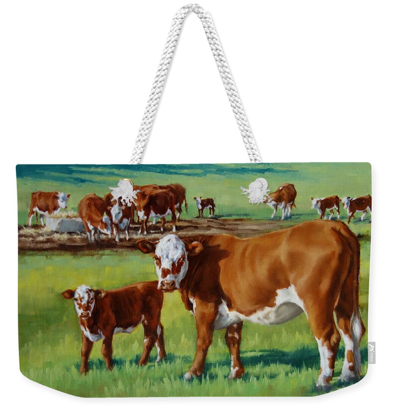 Calf Weekender Tote Bag featuring the painting Her First Calf by Margaret Stockdale