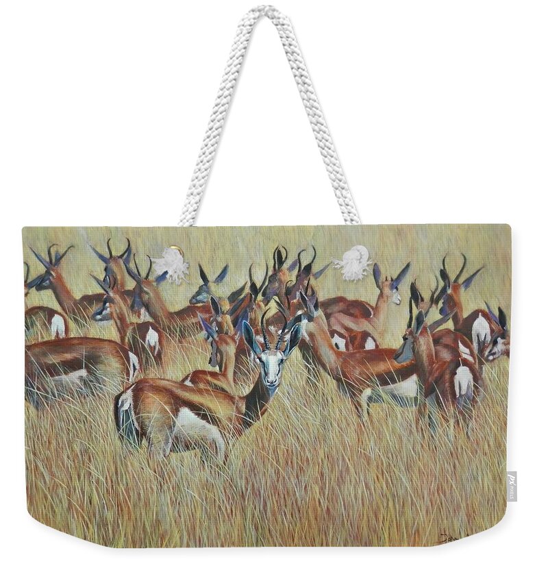 Springbok Weekender Tote Bag featuring the painting Herd of Springbok by John Neeve