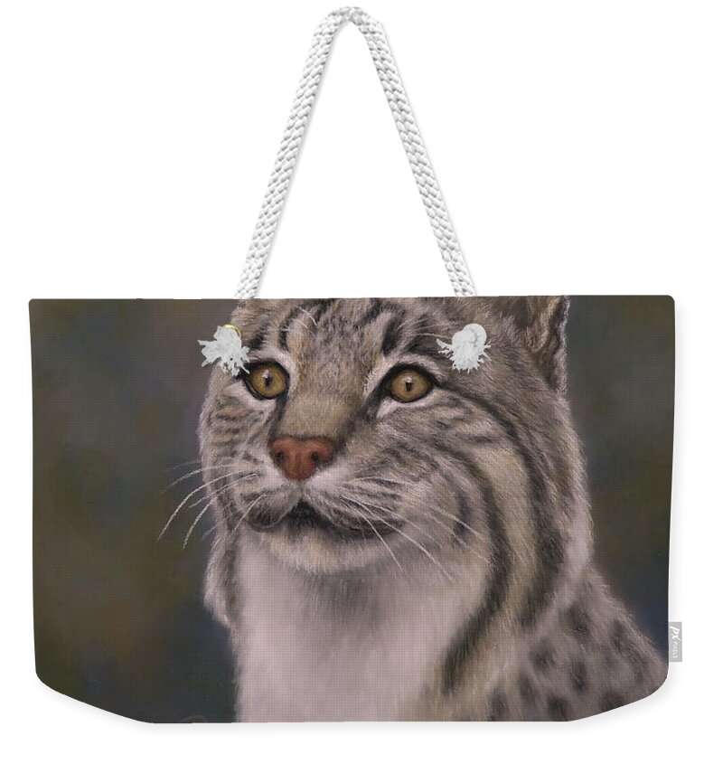 Bobcat Weekender Tote Bag featuring the painting Here Kitty, Kitty by Monica Burnette