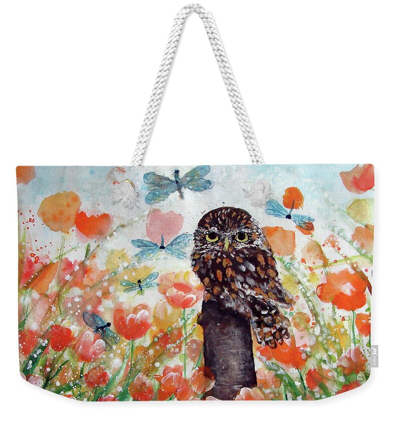 Here's Looking At You The Owl And The Dragon Flies Weekender Tote Bag featuring the painting Here's Looking at YOU The Owl and the Dragonflies by Ashleigh Dyan Bayer