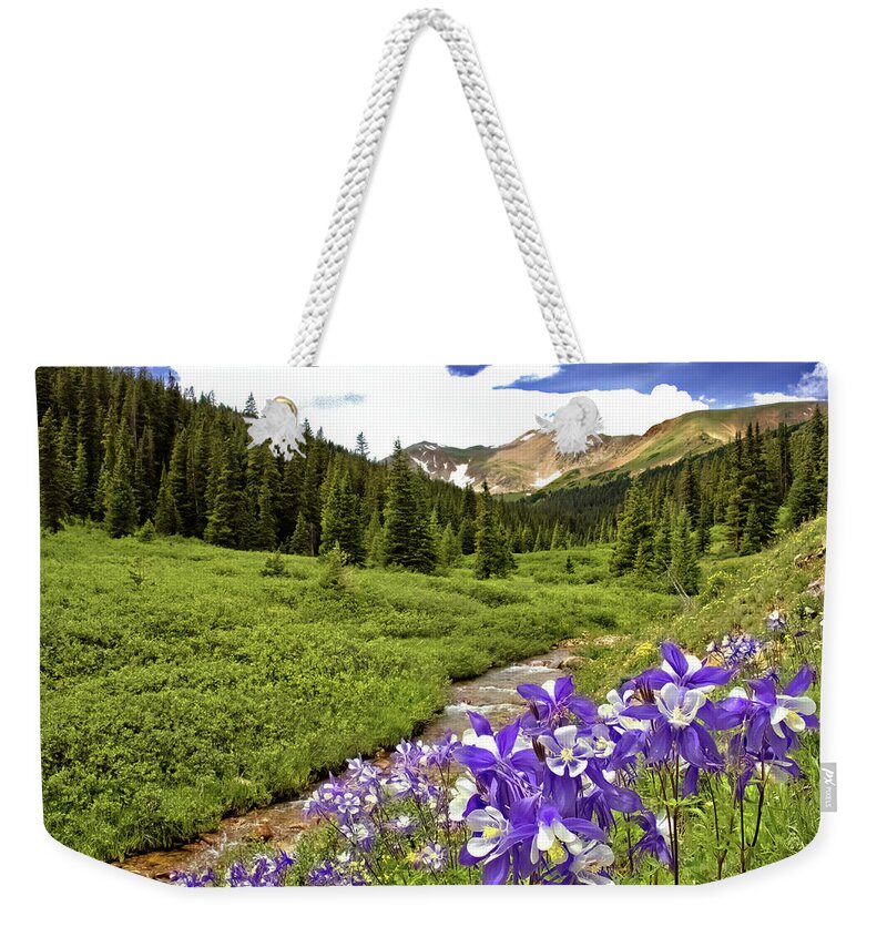 Columbines Weekender Tote Bag featuring the photograph Herman Gulch Columbines by Bob Falcone