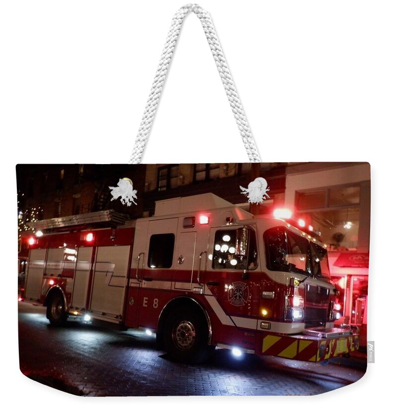 Fire Truck Weekender Tote Bag featuring the photograph Heroes in Motion by James Cousineau