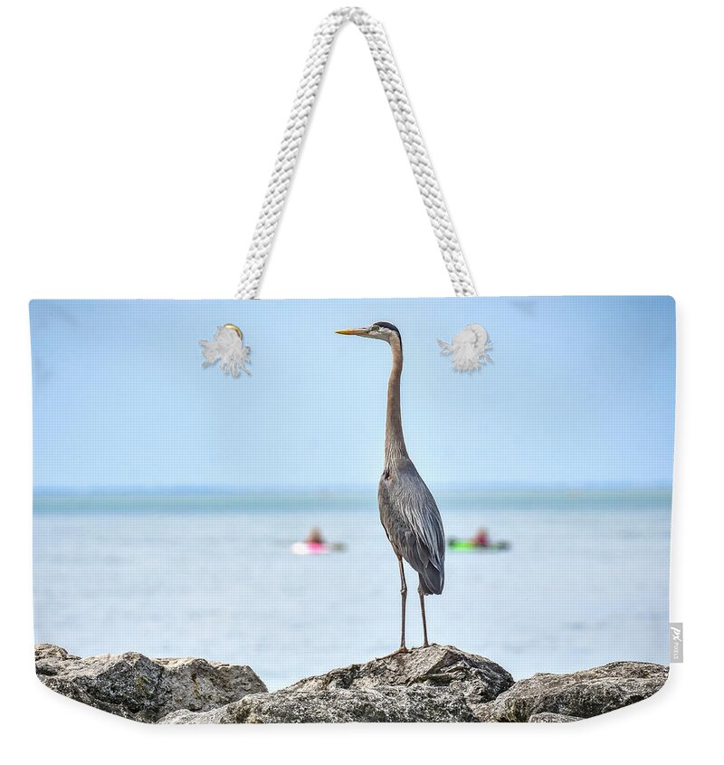 Lake Erie Weekender Tote Bag featuring the photograph Heron on Shore by Michelle Wittensoldner