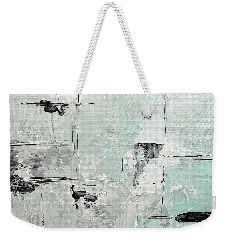 Mint Weekender Tote Bag featuring the painting He's Watching Abstract Painting in Mint Green Taupe Black White by Lynnie Lang