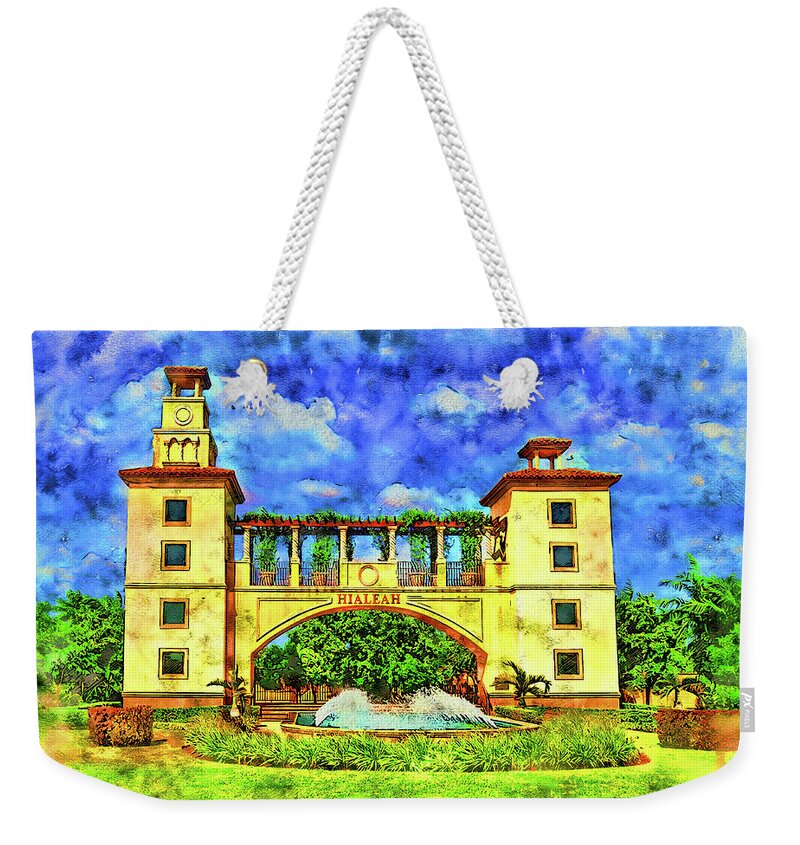 Hialeah Fountain Weekender Tote Bag featuring the digital art Hialeah Fountain and Entrance Plaza Park - pen and watercolor by Nicko Prints