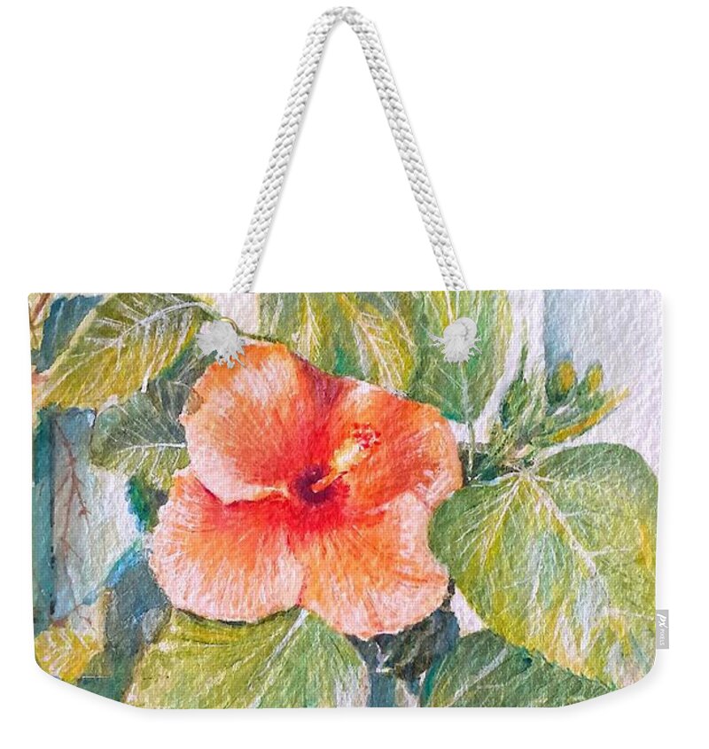 Hibiscus Weekender Tote Bag featuring the painting Hibiscus by Carolina Prieto Moreno