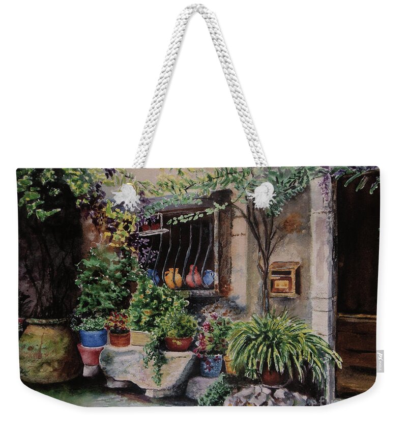 Courtyard Weekender Tote Bag featuring the painting Hidden Courtyard by Karen Fleschler