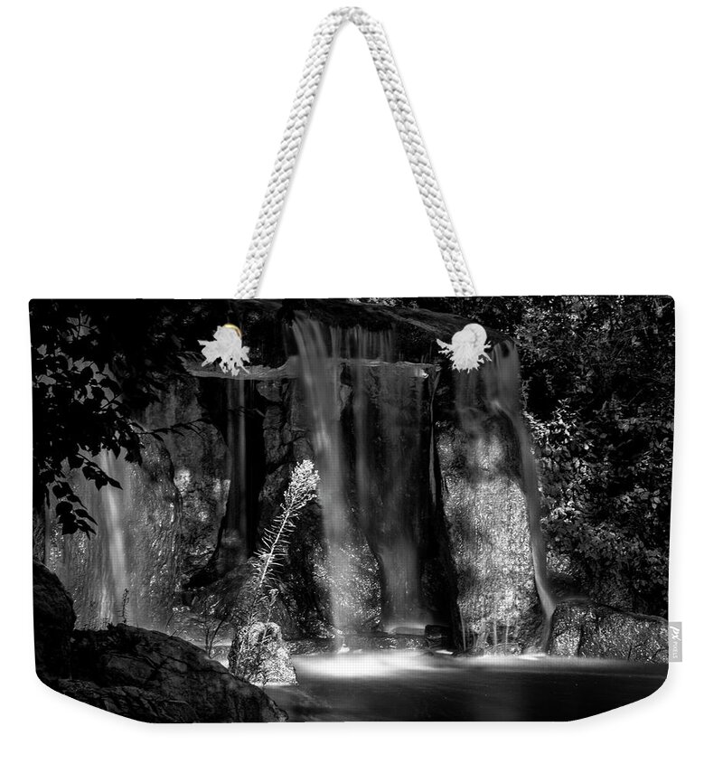 Scenics Weekender Tote Bag featuring the photograph Hidden Waterfall in Black and White by Mary Lee Dereske