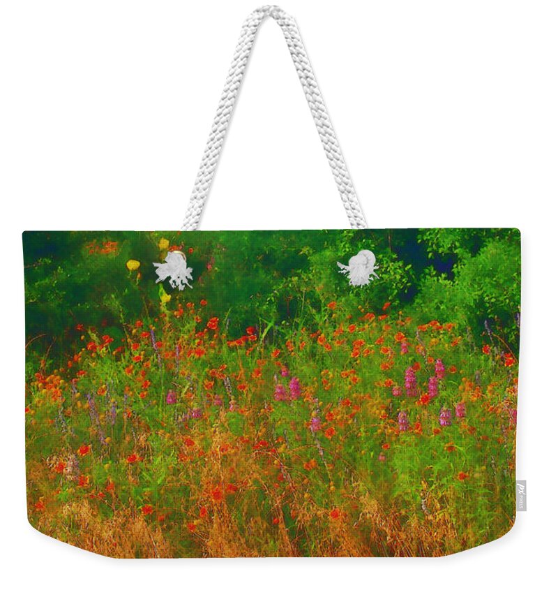 Hill Country Texas Scenic Weekender Tote Bag featuring the digital art Hill Country Texas Wildflower Fields by Pamela Smale Williams