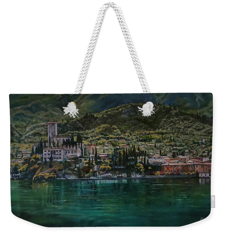 Lake Garda Weekender Tote Bag featuring the painting Hills and castle by Raouf Oderuth