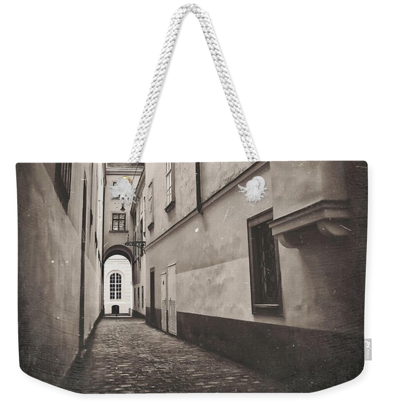 Vienna Weekender Tote Bag featuring the photograph Historic Cobblestone Streets of Old Vienna Austria Vintage Sepia by Carol Japp