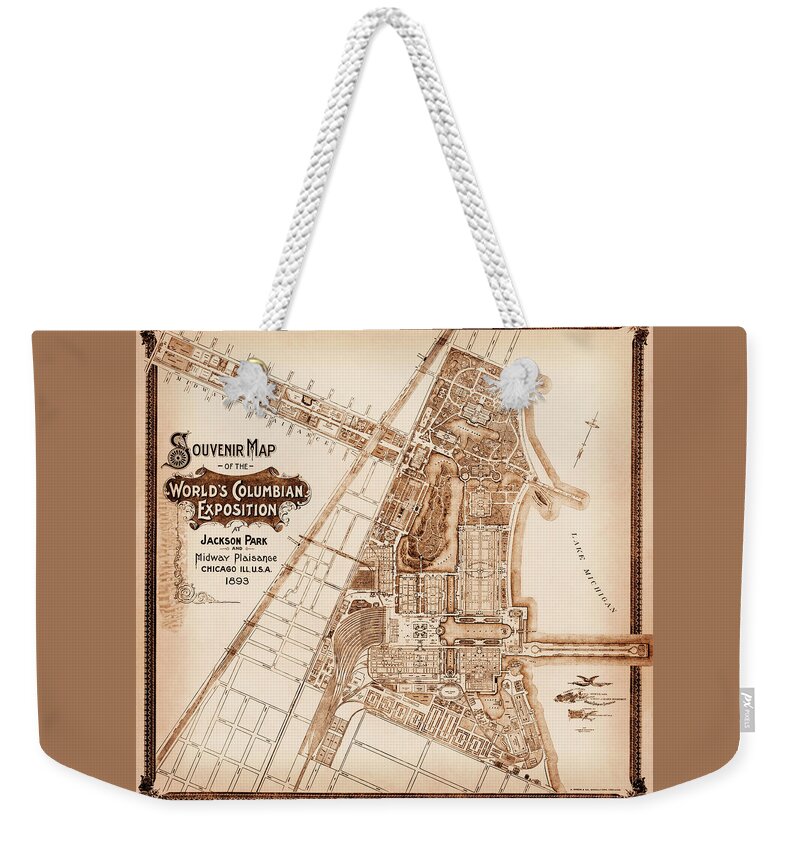 Chicago Weekender Tote Bag featuring the photograph Historic Map Jackson Park Chicago Illinois 1893 Sepia by Carol Japp