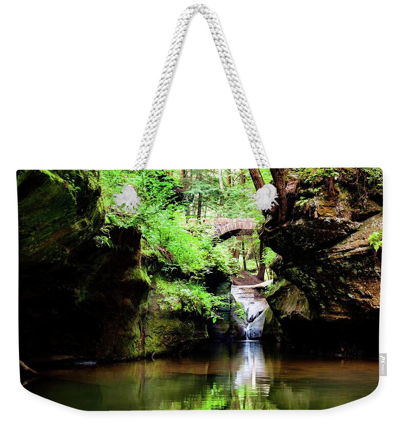 Waterfall Weekender Tote Bag featuring the photograph Hocking Hills waterfall in the distance by Flees Photos