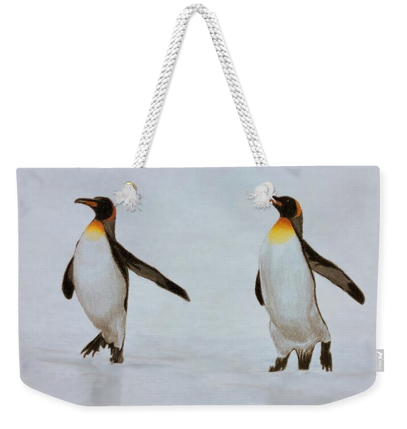 Penguins Weekender Tote Bag featuring the drawing Hokey Pokey by Marlene Little