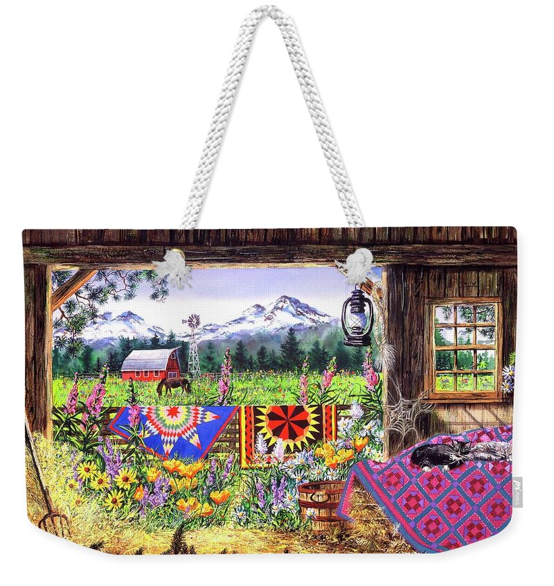 Barn Weekender Tote Bag featuring the painting Hole in the Barn Door by Diane Phalen