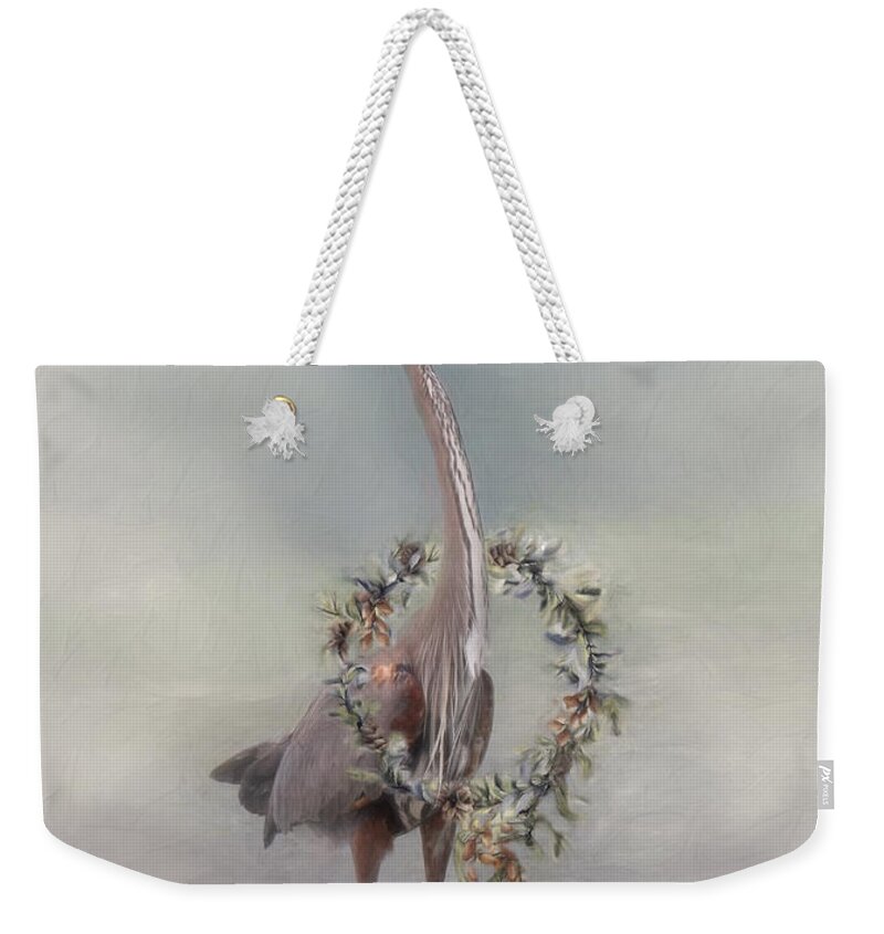 Heron With Santa Hat Weekender Tote Bag featuring the digital art Holiday Heron by Jayne Carney