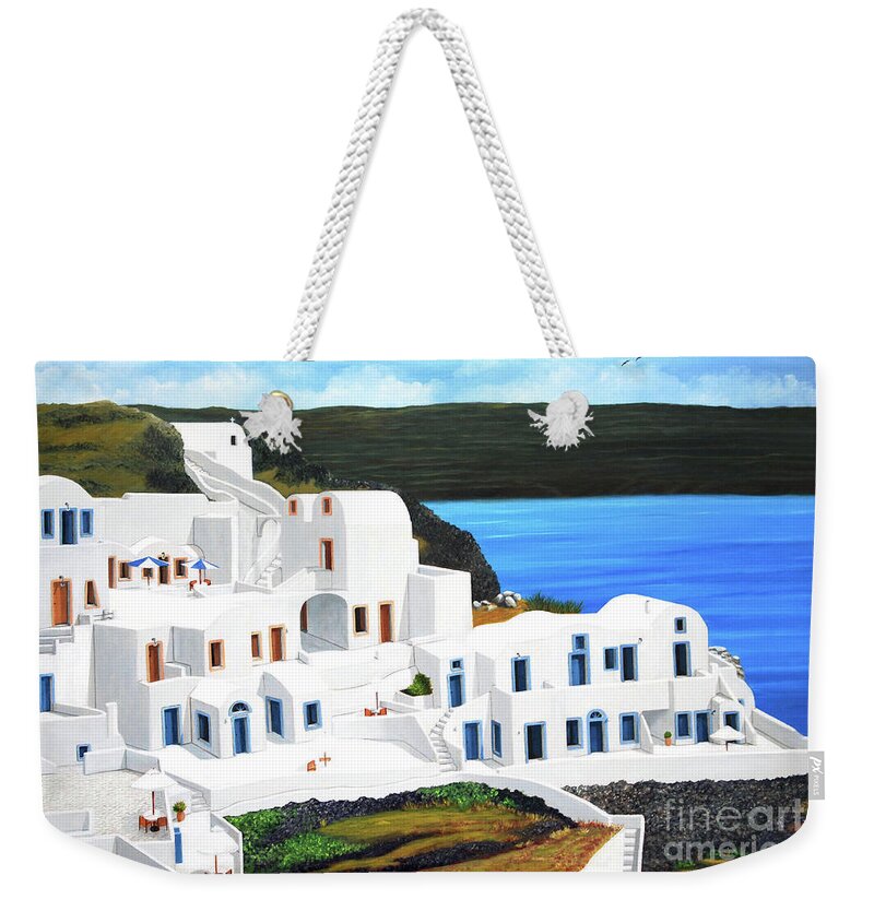 Santorini Weekender Tote Bag featuring the painting Holiday In Santorini by Mary Grden