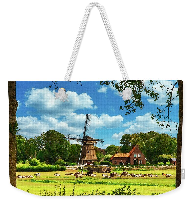 Holland Weekender Tote Bag featuring the digital art Holland Dairy Farm, Watercolor on Canvas by Ron Long Ltd Photography