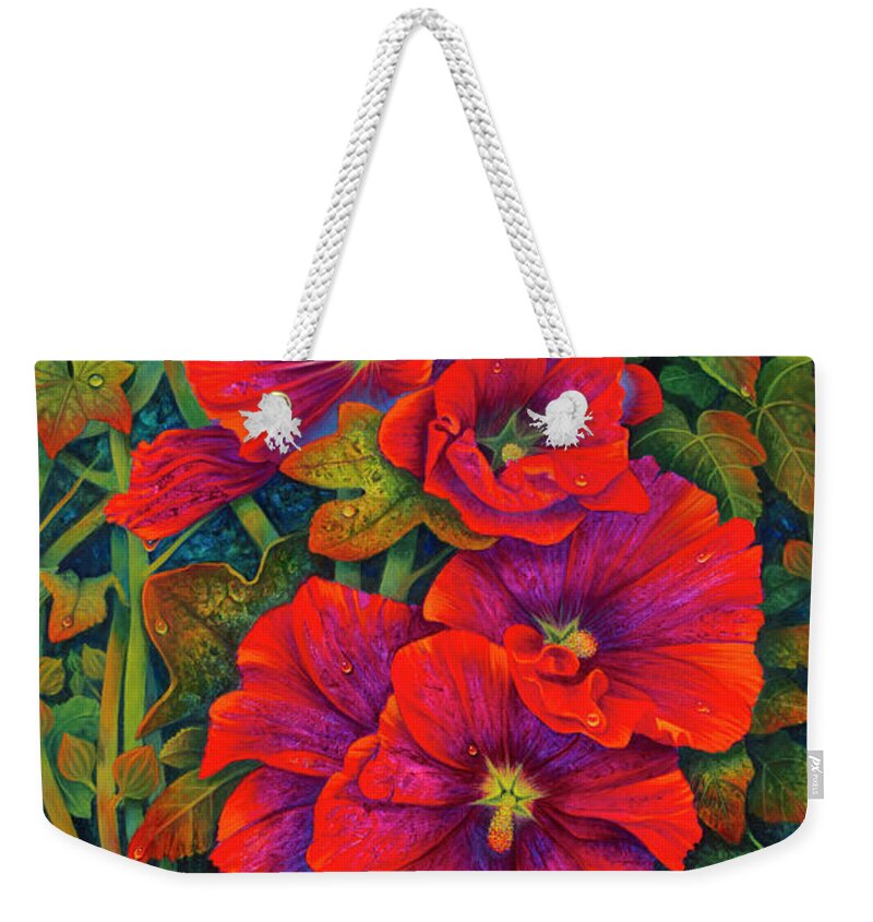 Flowers Weekender Tote Bag featuring the painting Hollyhocks - 3D by Ricardo Chavez-Mendez