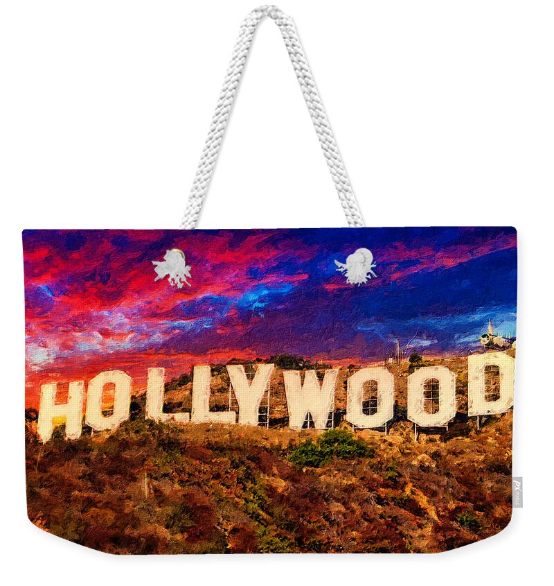 Hollywood Weekender Tote Bag featuring the digital art Hollywood sign in the sunset light with a dramatic sky - digital painting by Nicko Prints