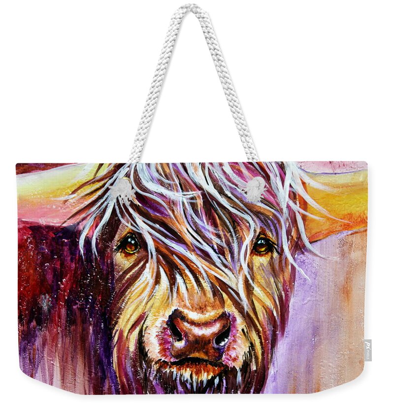 Cow Weekender Tote Bag featuring the painting Holy Cow by Maria Barry