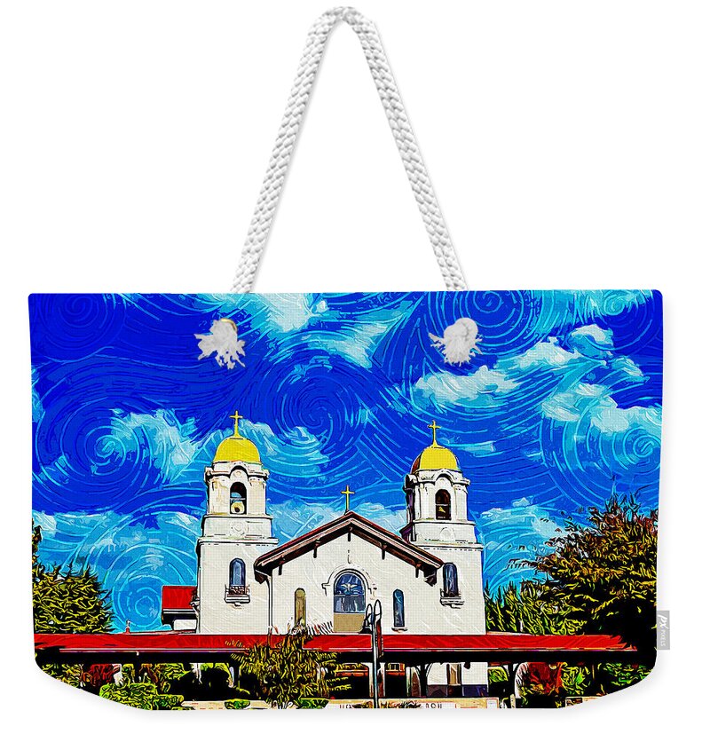 Holy Spirit Church Weekender Tote Bag featuring the digital art Holy Spirit Church in Fremont, California - impressionist painting by Nicko Prints