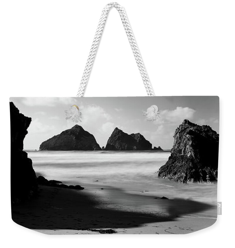 Cornwall Weekender Tote Bag featuring the photograph Holywell Beach and Gull Rock Cornwall Coast black and white by Sonny Ryse
