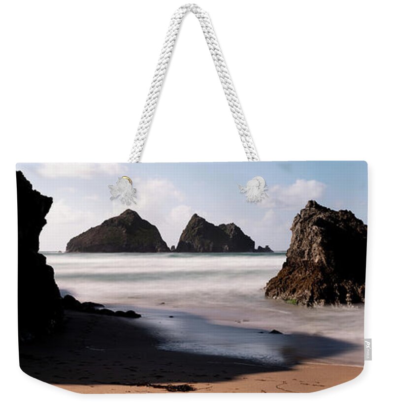 Cornwall Weekender Tote Bag featuring the photograph Holywell Beach and Gull Rock Cornwall Coast by Sonny Ryse