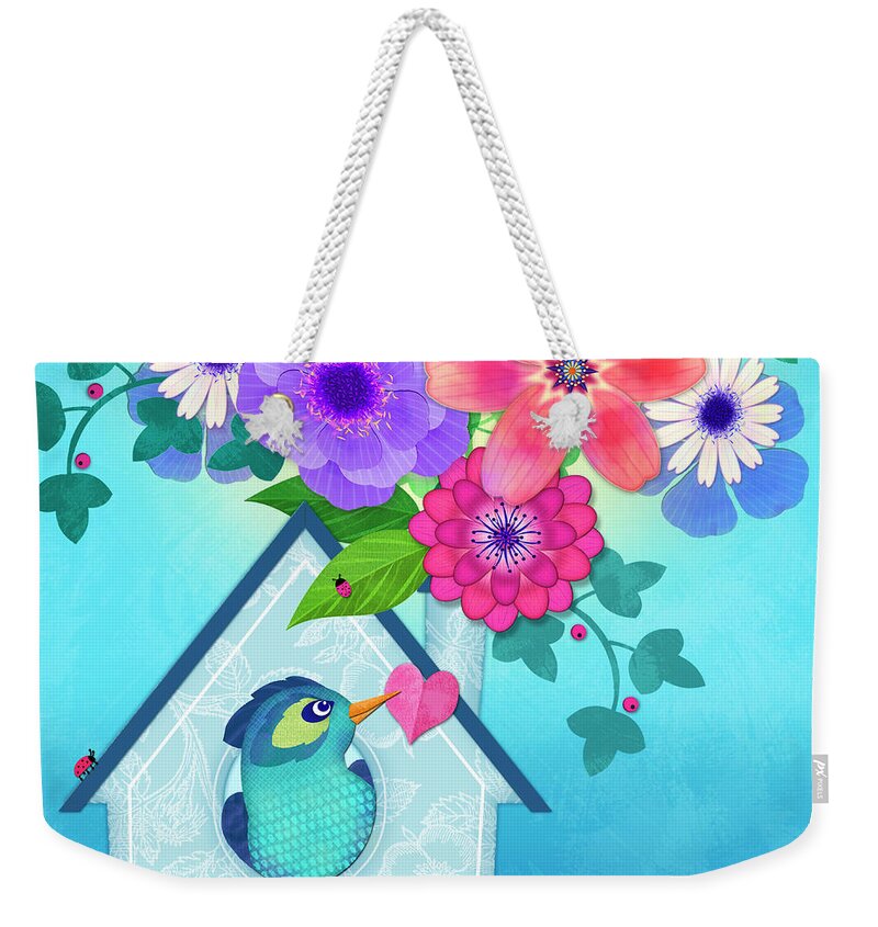 Bird Weekender Tote Bag featuring the digital art Home is Where You Blossom by Valerie Drake Lesiak