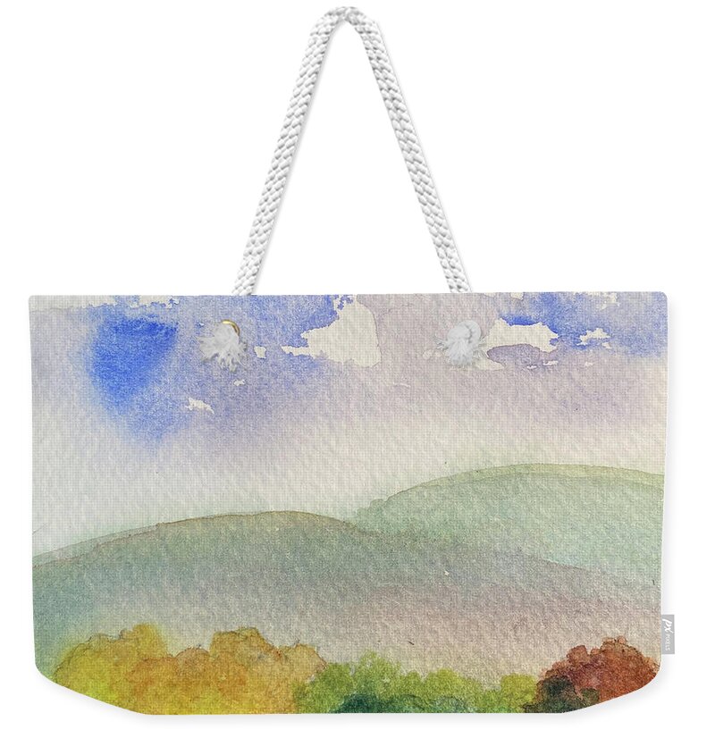 Berkshires Weekender Tote Bag featuring the painting Home Tucked Into Hill by Anne Katzeff