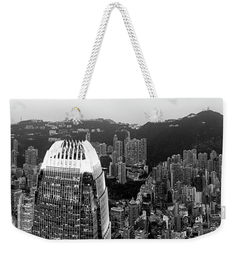 Panorama Weekender Tote Bag featuring the photograph Hong Kong Island at night panorama by Sonny Ryse