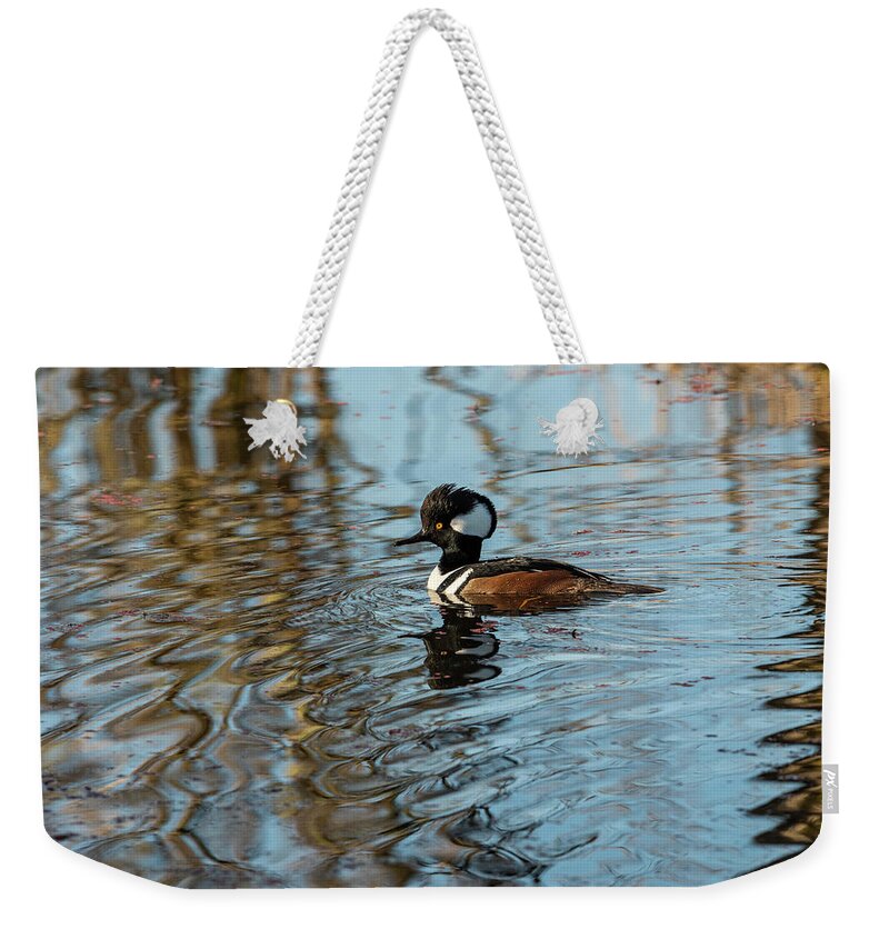 Afternoon Weekender Tote Bag featuring the photograph Hooded Merganser and Reflections by Robert Potts