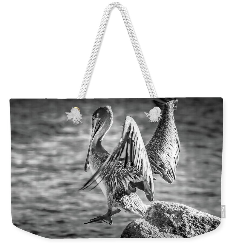 Pelican Weekender Tote Bag featuring the photograph Hopper The Pelican by Debra Forand
