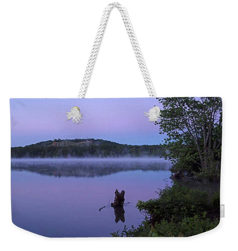 Woburn Weekender Tote Bag featuring the photograph Horn Pond Purple Sunrise in Woburn Massachusetts by Toby McGuire