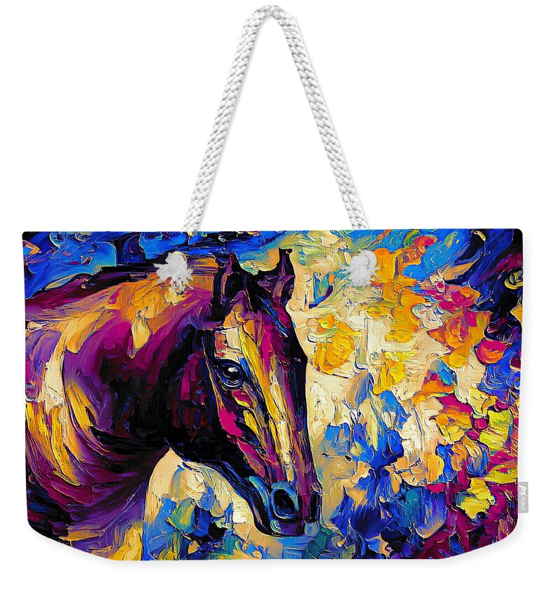 Horse Weekender Tote Bag featuring the digital art Horse portrait - blue, orange, and violet palette knife oil texture by Nicko Prints