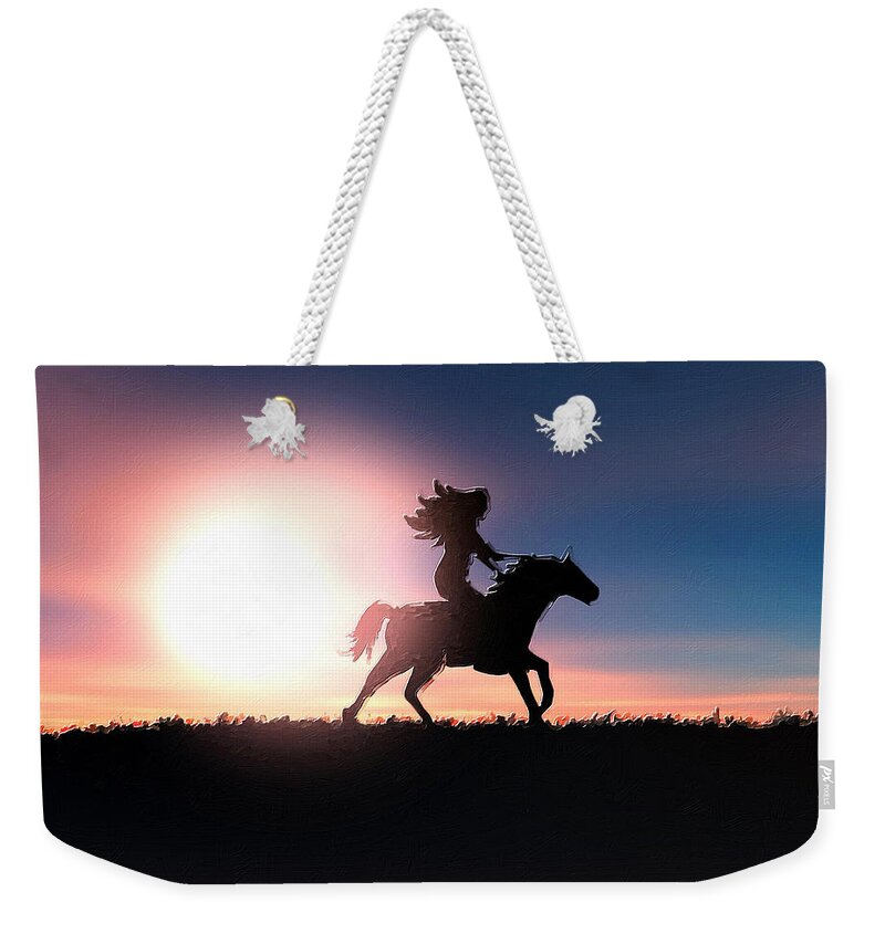 Horse Weekender Tote Bag featuring the painting Horse Rider Sunset The West by Tony Rubino