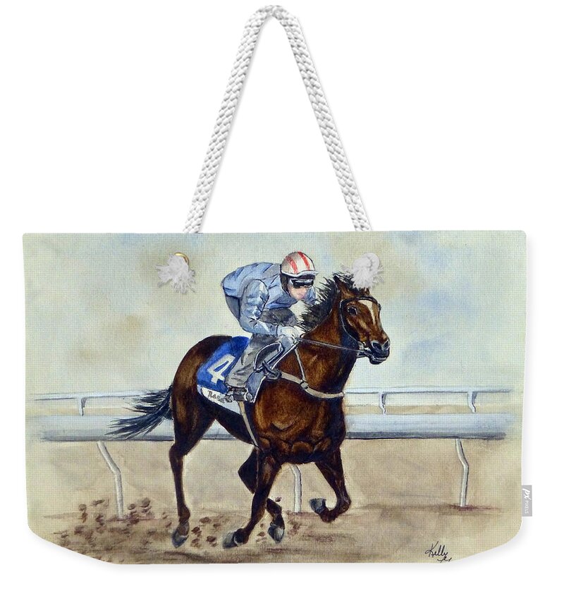 Horse Racing Weekender Tote Bag featuring the painting Horserace by Kelly Mills