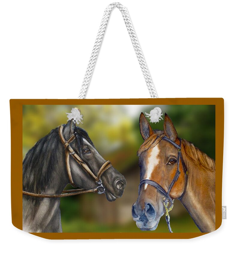 Horse Weekender Tote Bag featuring the mixed media Horses Close-Up by Kelly Mills
