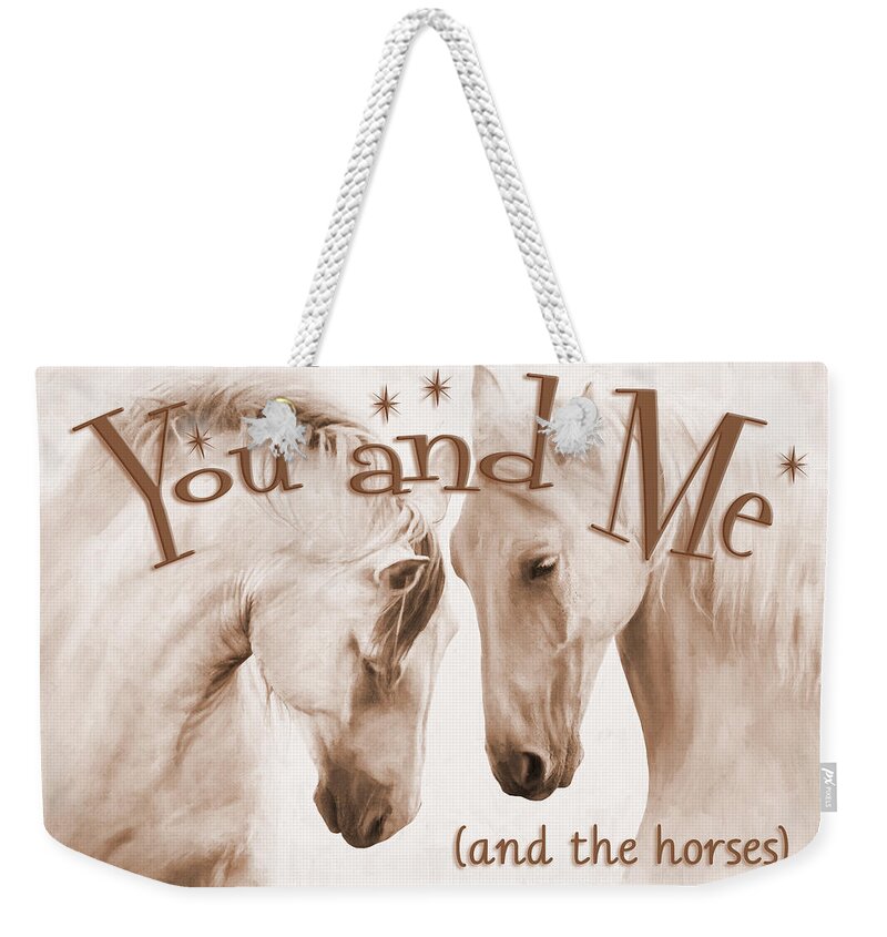 Two Horses Face To Face Weekender Tote Bag featuring the photograph Horses Face to Face - sepia tone by Steve Ladner
