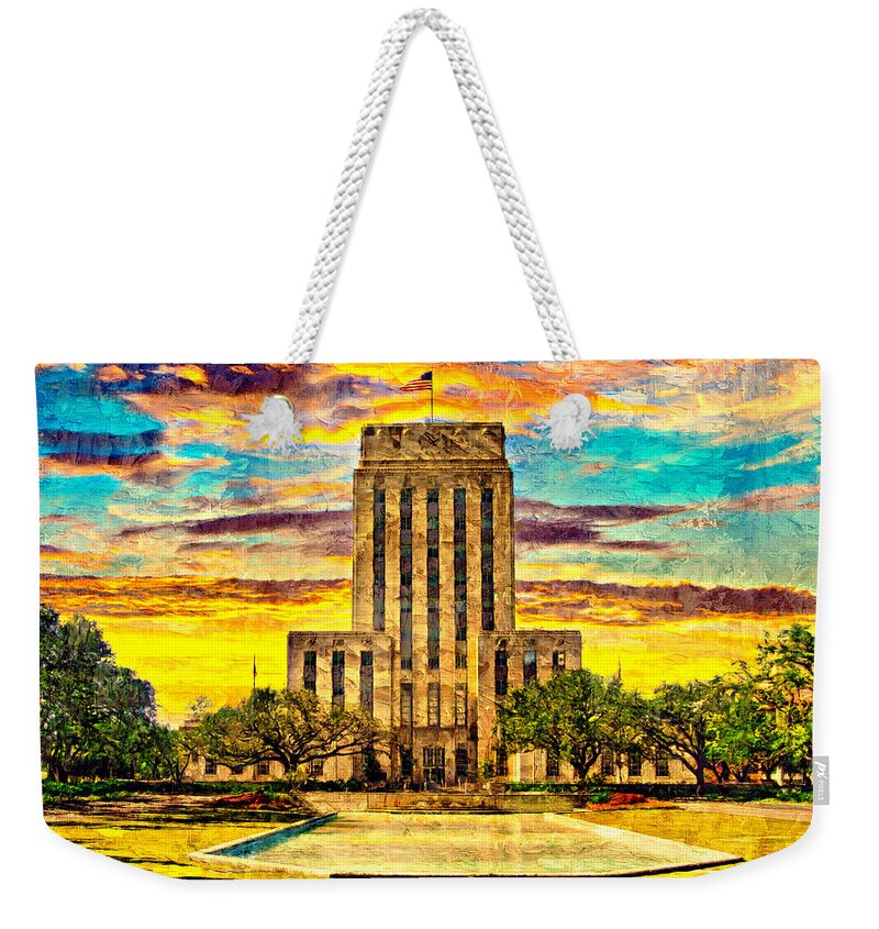 Houston City Hall Weekender Tote Bag featuring the digital art Houston City Hall at sunset - digital painting by Nicko Prints