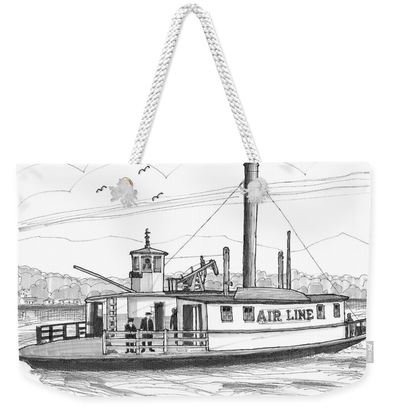 Airline Ferry Boat Weekender Tote Bag featuring the drawing Hudson River Steam Ferry Boat Airline by Richard Wambach